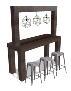 A table with four stools and lights hanging from it.