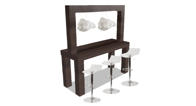 A table with four stools and two chairs.