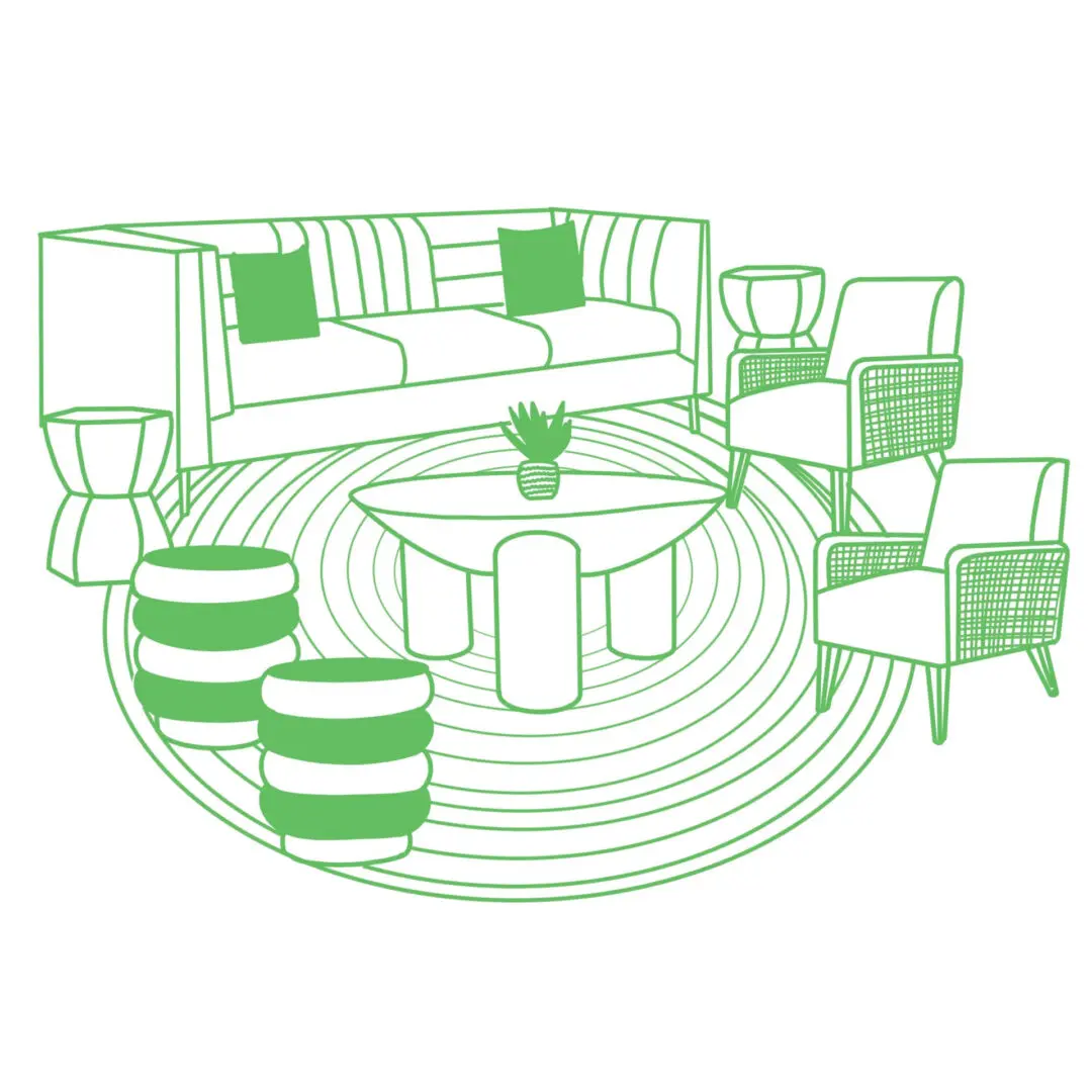 A drawing of furniture in the center of a circle.