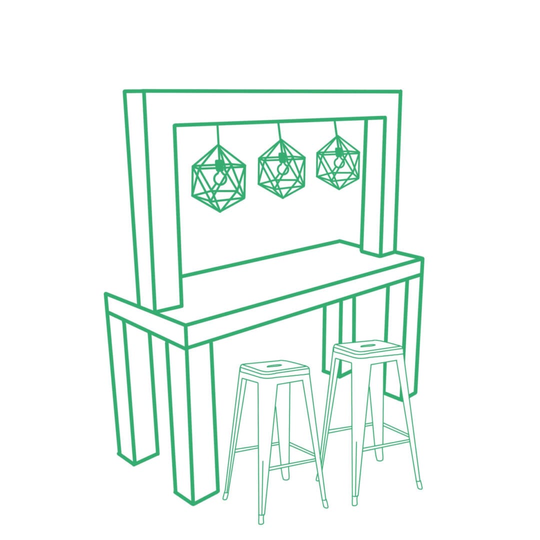 A drawing of a table with three stools