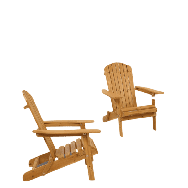 Two wooden adirondack chairs on a white background.