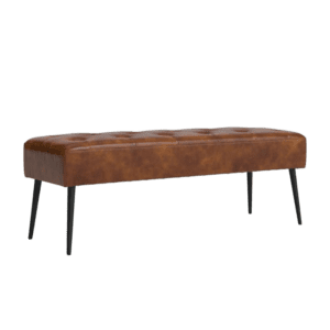 A brown leather bench with black legs.