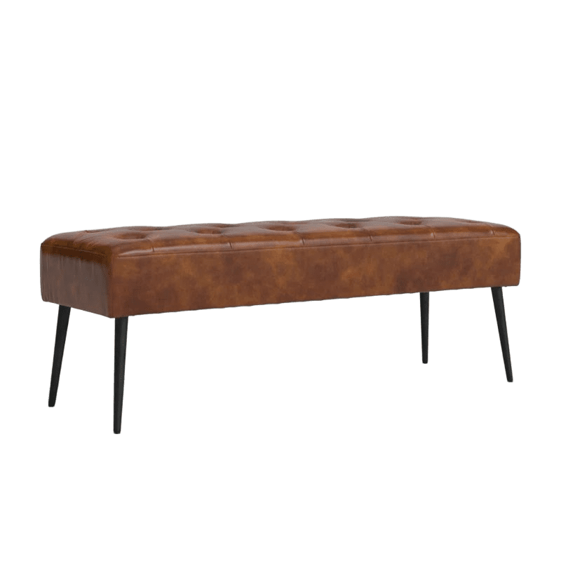 A brown leather bench with black legs.