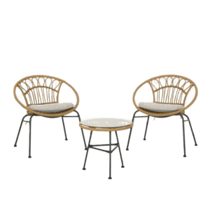 A set of two rattan chairs and a coffee table.