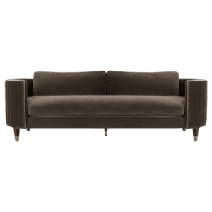 A sofa in dark brown velvet with wooden legs.