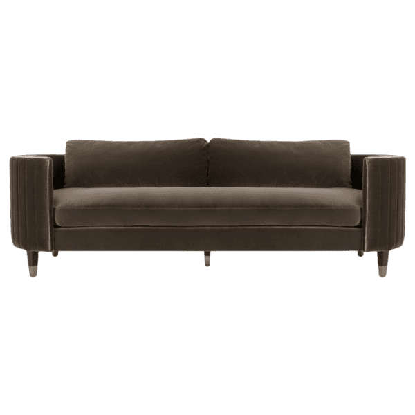 A sofa in dark brown velvet with wooden legs.