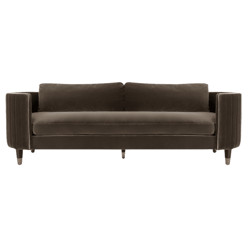 A sofa in dark brown velvet with wooden legs.