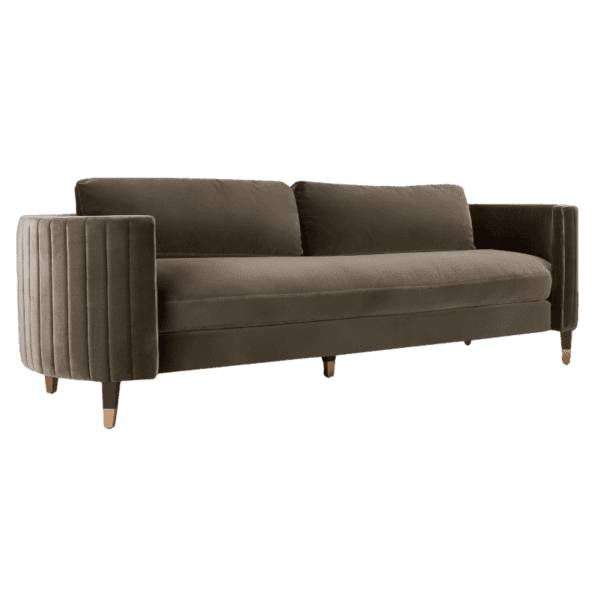 A sofa with a brown velvet upholstered seat and wooden legs.