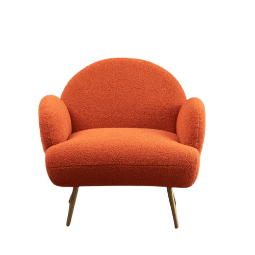 An orange chair with wooden legs against a black background.