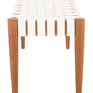 A white woven bench with wooden legs.