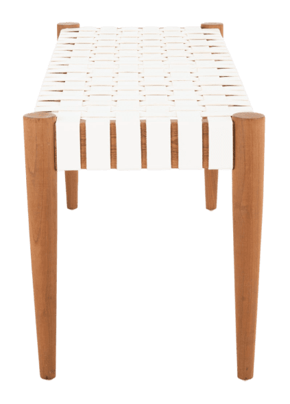 A white woven bench with wooden legs.