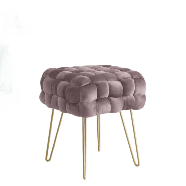 A pink velvet stool with gold legs and a vase.