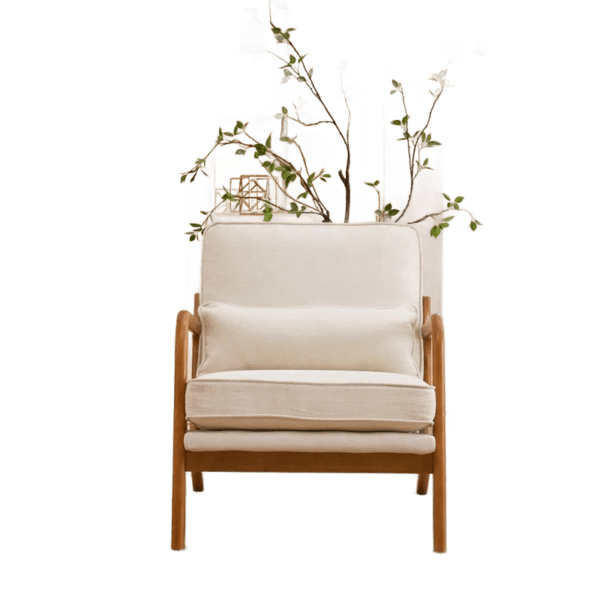 A white chair with a wooden frame and flowers.