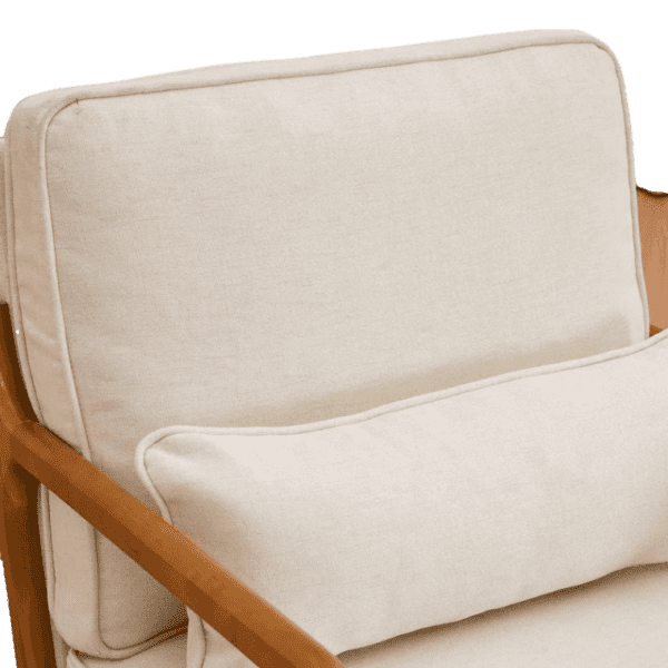 A beige lounge chair with a wooden frame.