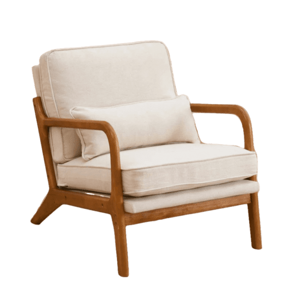 A lounge chair with a wooden frame and beige fabric.