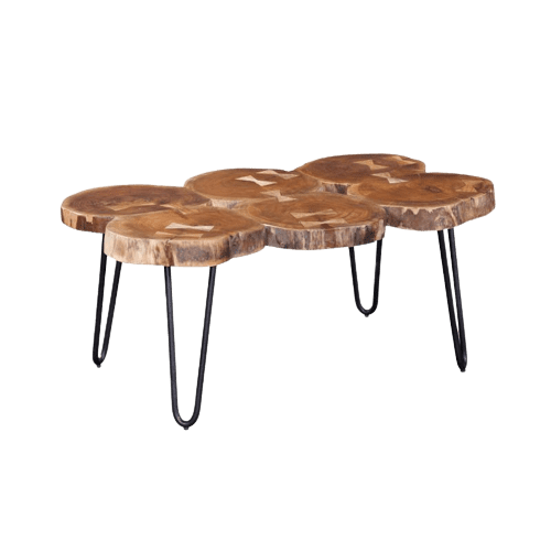 A tree stump coffee table with black hairpin legs.