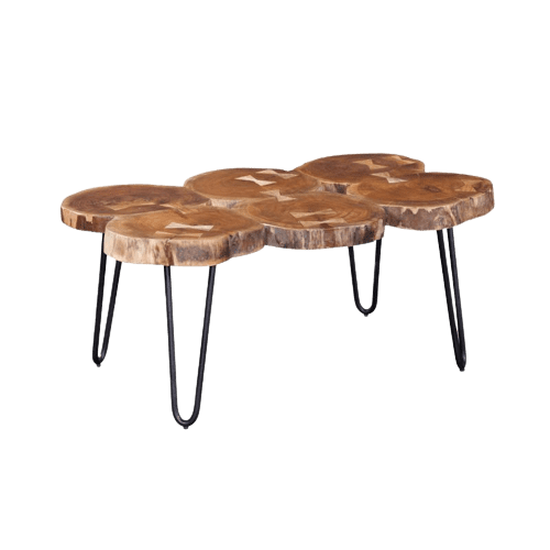 A tree stump coffee table with black hairpin legs.