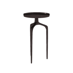 A black side table with a round top.