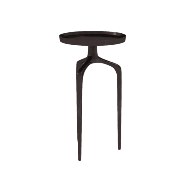 A black side table with a round top.