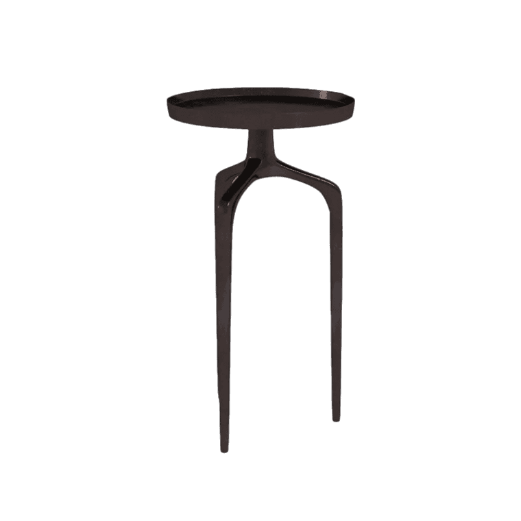 A black side table with a round top.