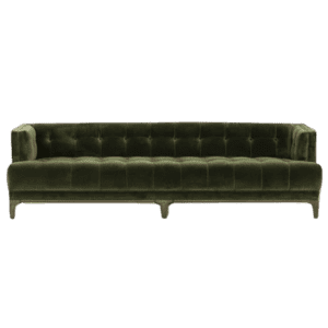 A green velvet sofa with wooden legs.