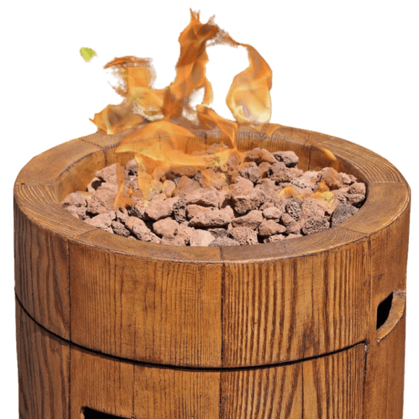 A wooden fire pit with flames on it.