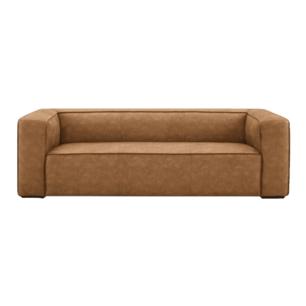 A tan leather sofa on a white background.