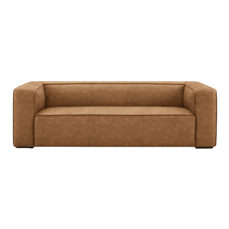 A tan leather sofa on a white background.