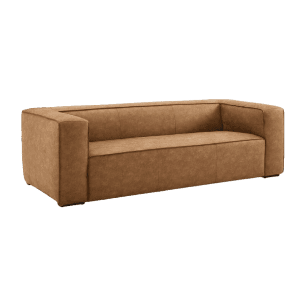 A tan leather sofa on a white background.