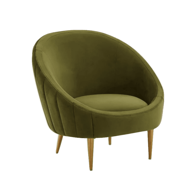 A green velvet chair with wooden legs.