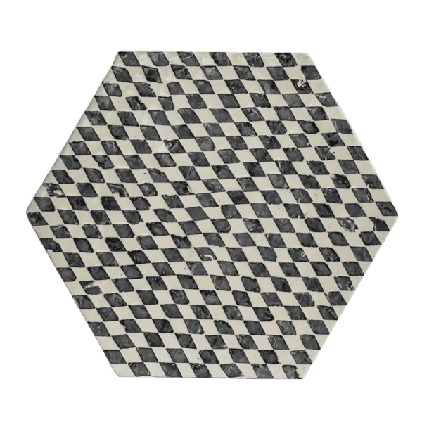 A black and white hexagonal tile on a white background.