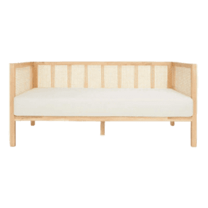 The rattan sofa with a white cushion and wooden frame.