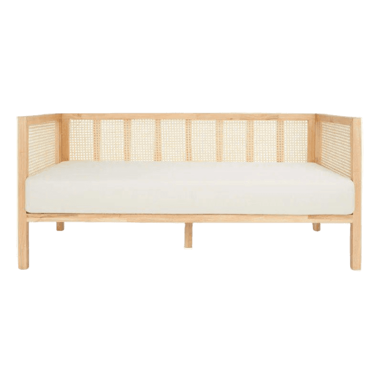 The rattan sofa with a white cushion and wooden frame.