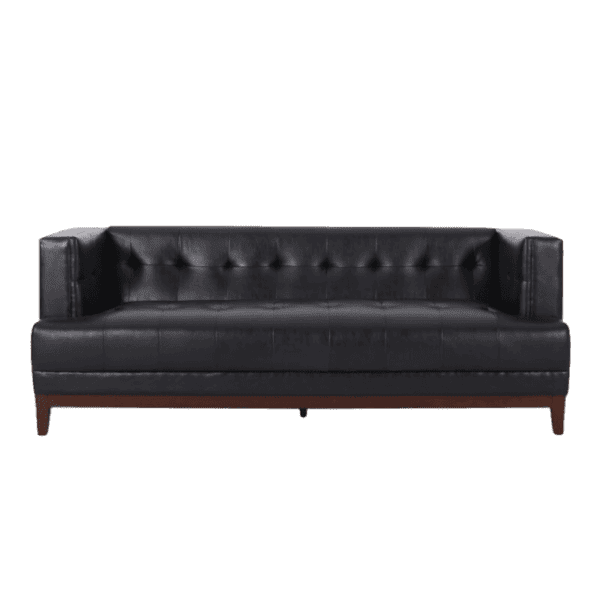 A black leather sofa on a white background.