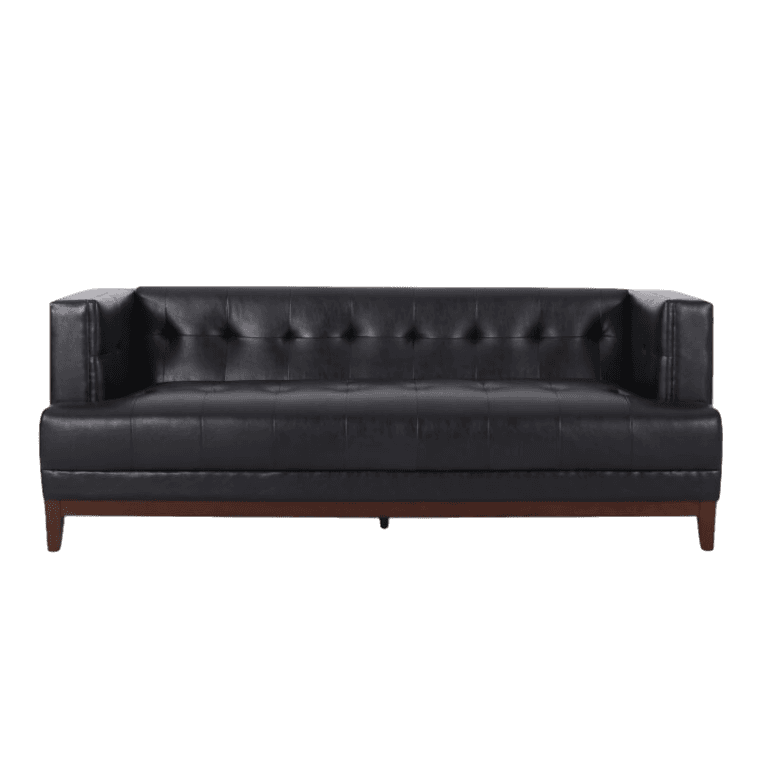 A black leather sofa on a white background.