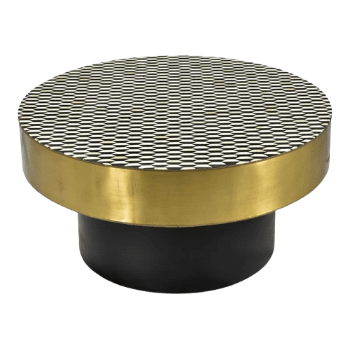 A round coffee table with black and gold stripes.