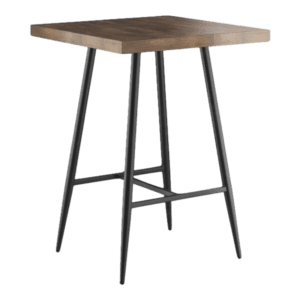 A square table with black legs and a wooden top.