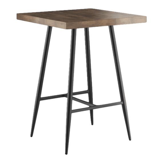 A square table with black legs and a wooden top.