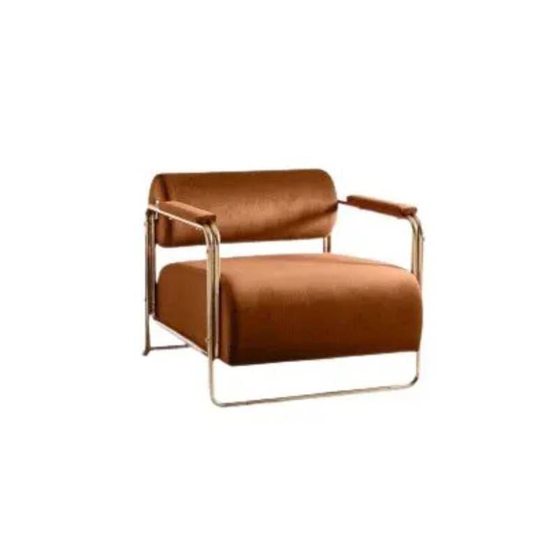 A Java Chair with a metal frame and a tan upholstered seat.