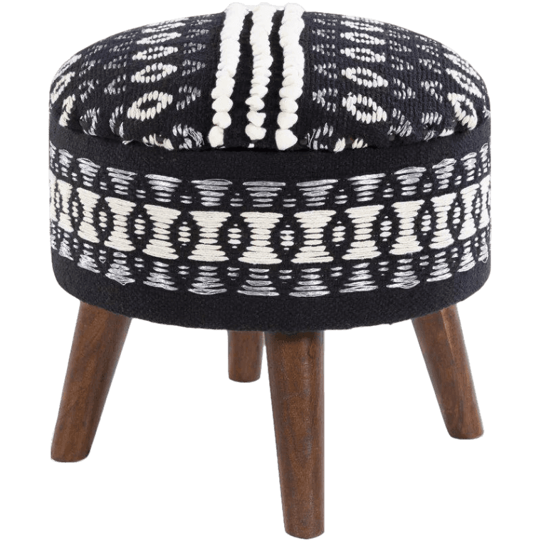 A black and white patterned Nomad Ottoman with wooden legs.