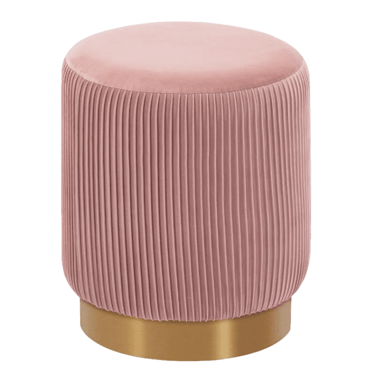 A pink velvet Shell Ottoman with a gold base.