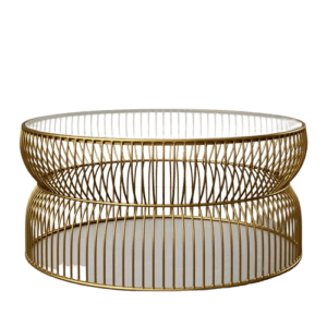 A gold metal coffee table with a circular design.