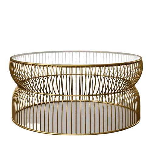 A gold metal coffee table with a circular design.
