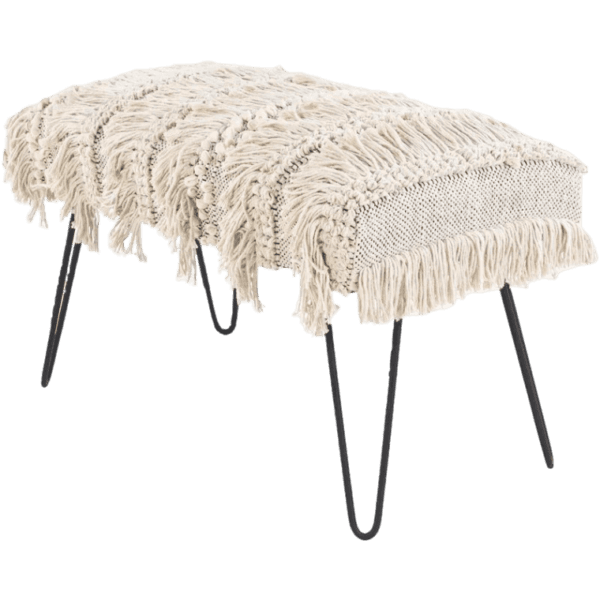 A bench with tassels and black legs, perfect for any event.