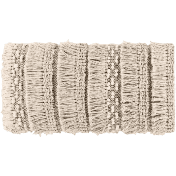 A beige woven Torreys Bench pillow with fringes.