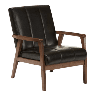 A black leather lounge chair with wooden legs.