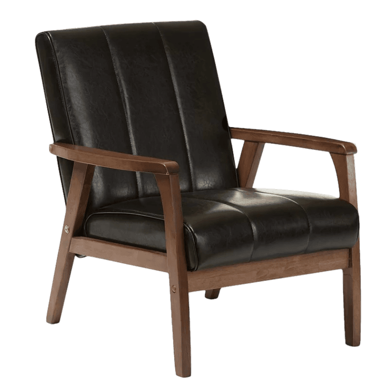 A black leather lounge chair with wooden legs.