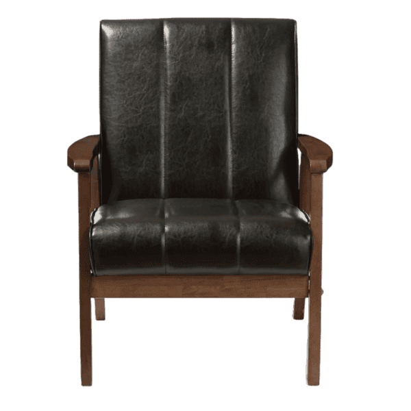 A black leather chair with wooden legs.