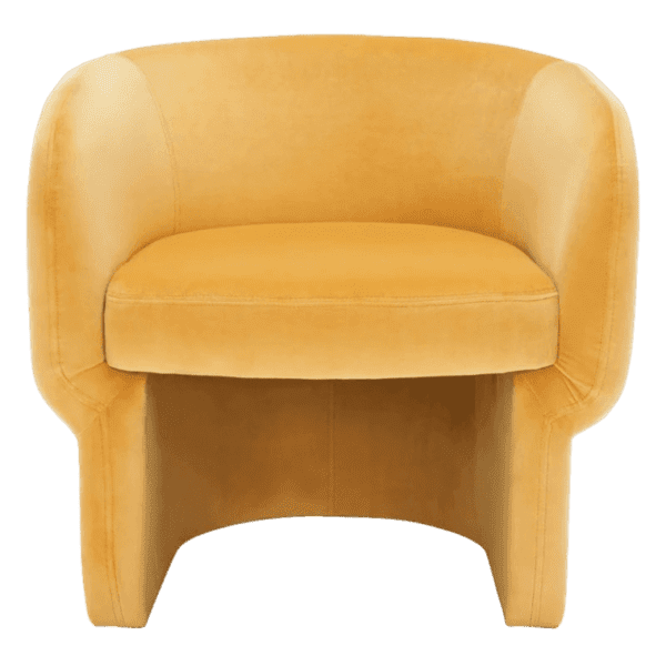 A yellow upholstered chair with a wooden frame.