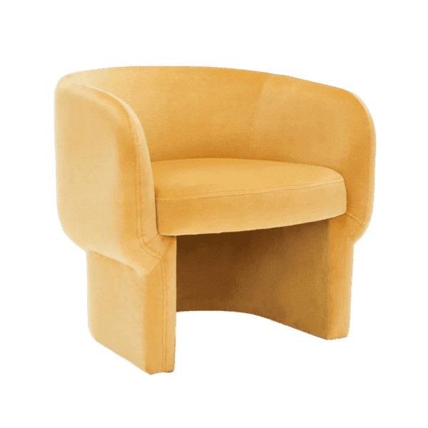 A yellow upholstered chair on a white background.